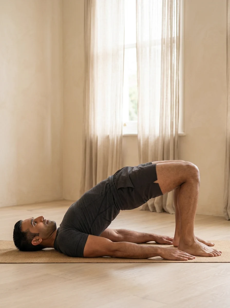 AI-generated illustration of Bridge Pose (Setu Bandha Sarvāṅgāsana).