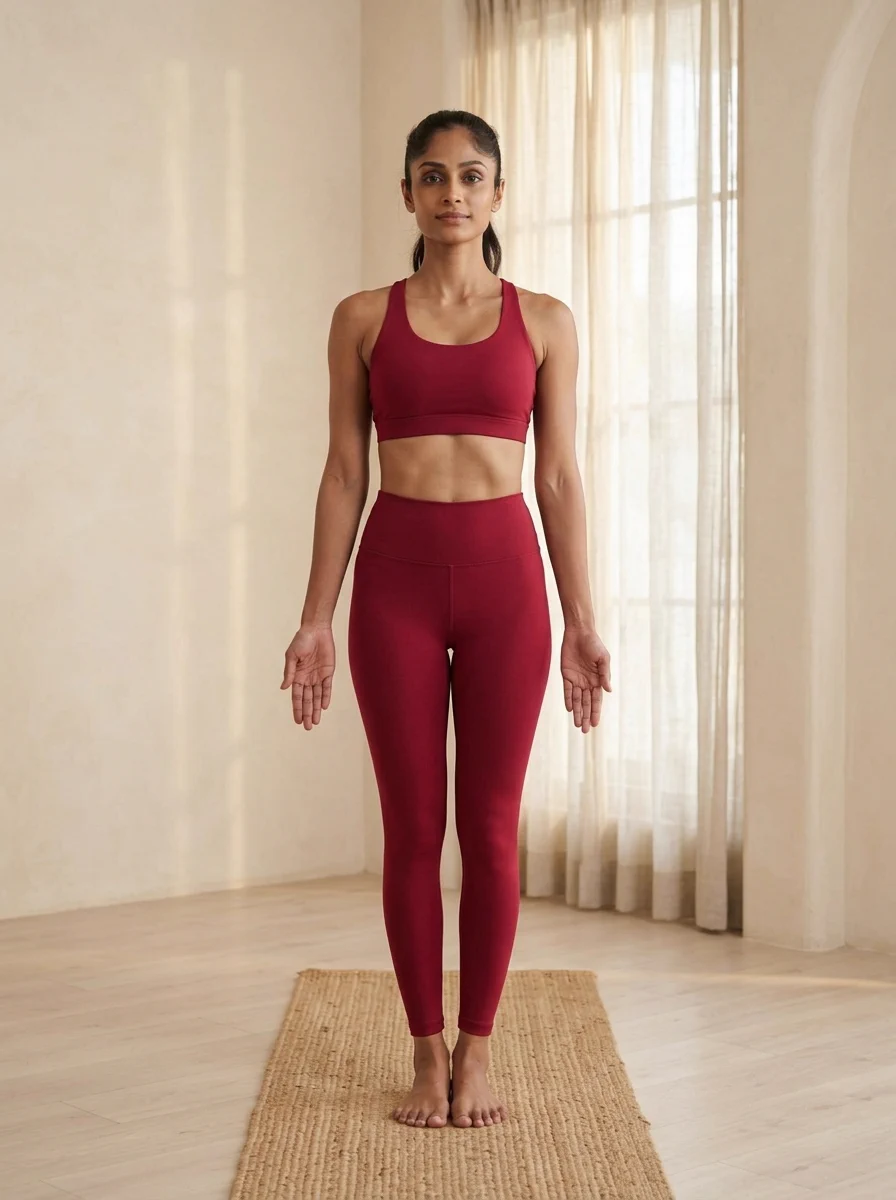 AI-generated illustration of Mountain Pose (Tāḍāsana), demonstrated in full.